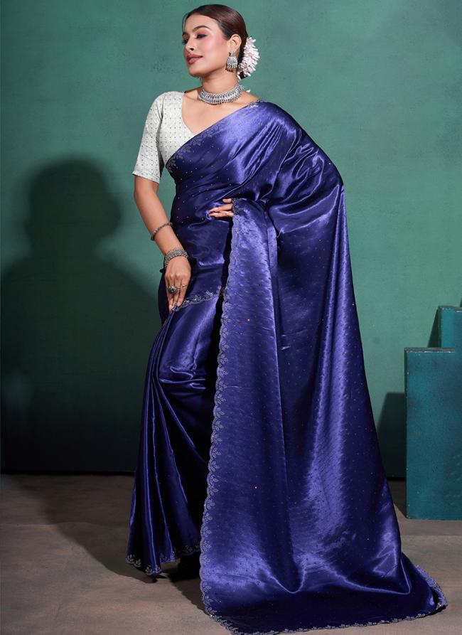 Moss Sattin Neavy Blue Party Wear Swarovski Work Saree